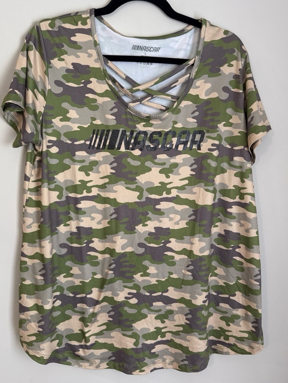 Nascar Women's Camo Crisscross Neck Tee - Green, Tan, Brown